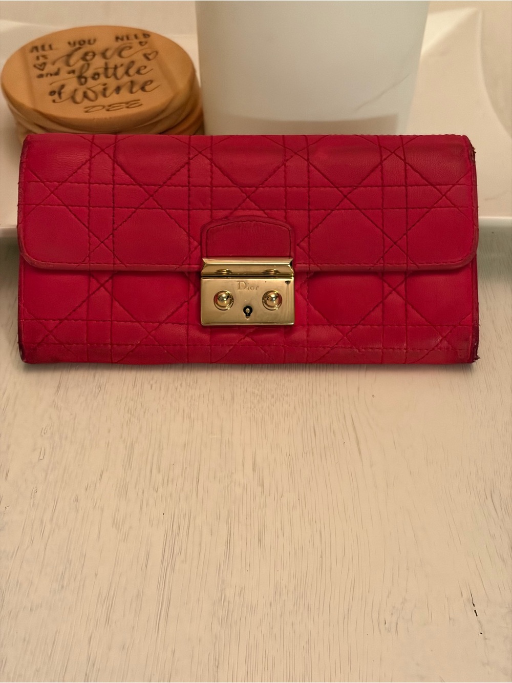 Dior Red Quilted Leather Wallet with Gold Push-Lock